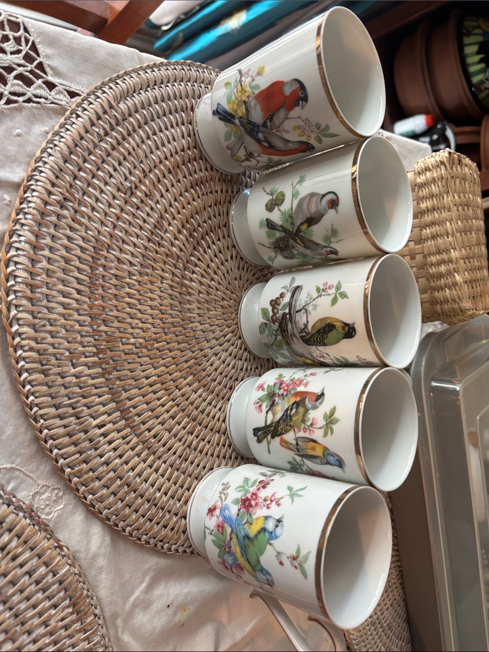 Set of 5 White Porcelain Bird Mugs with Gold Trim - Multi-Colored Design